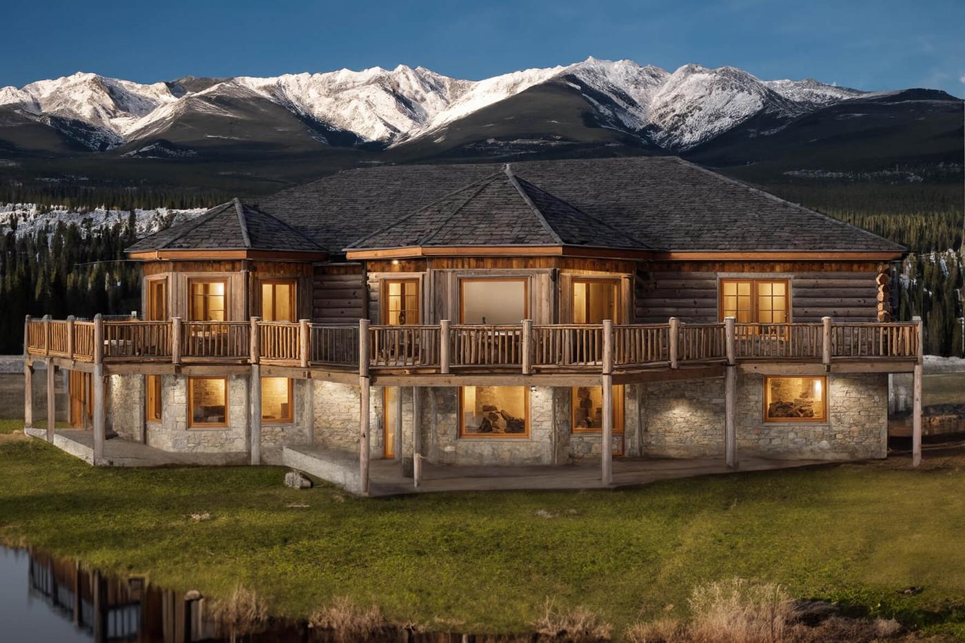 Finished log home at dusk