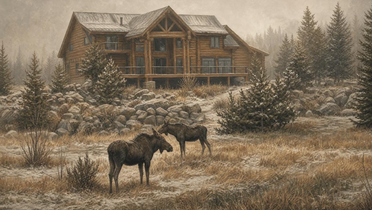 Finished log cabin, moose in the meadow